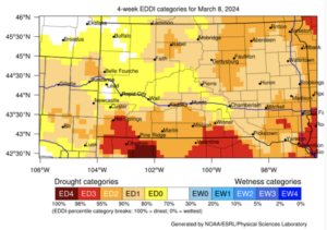 4-week Evaporative Demand Drought Index (EDDI) for South Dakota ending on March 8, 2024